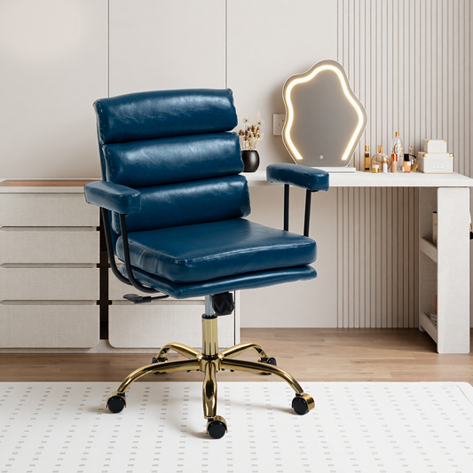 DELMANGO Faux Leather Home Office Desk Chair with Padded Seat & Armrests, Gold Base Vanity Swivel Chair with Adjustable Height and Wheels, Blue
