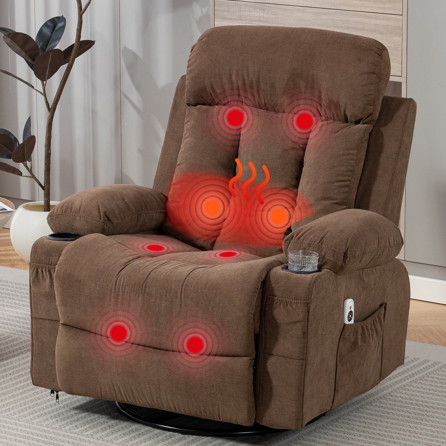 DELMANGO Swivel Rocker Recliner Chair with Vibration Massage & Heat, 360 Degree Rotating Lounge Chair for Adults, Ergonomic Rocking Chair with Side Pocket & Cup Holders, Brown