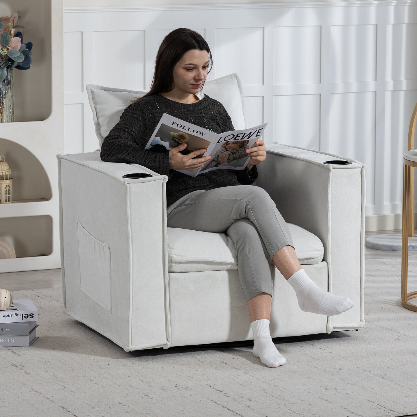 Delmango 32¡° Wide Swivel Accent Chair, Comfy Couch with Cup Holders and Side Pockets, Modern Sofa Chair for Living Room, Bedroom, Corner, Beige