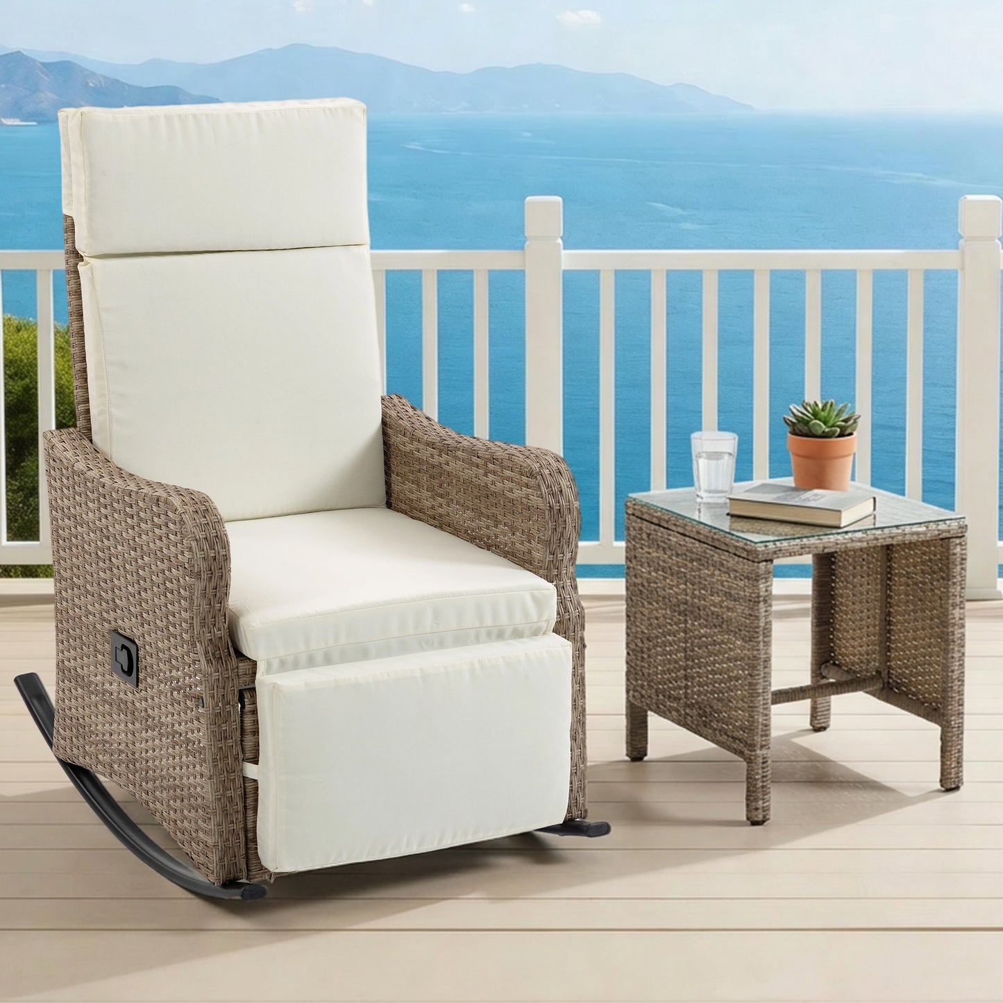DELMANGO 2-in-1 Outdoor Recliner Chair set of 2, White – Rocking/Flat Footrest, 90°–135° Reclining Backrest, Rattan Wicker & Removable Cushion for Patio, Garden, Balcony, Porch