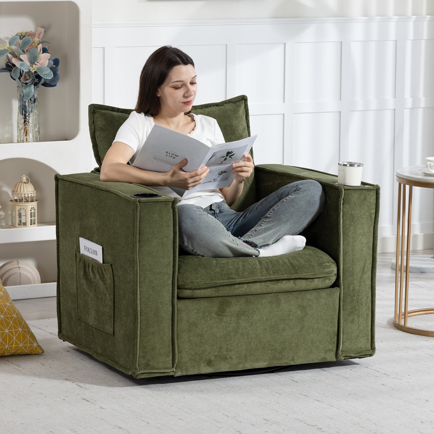 Delmango 32¡° Wide Swivel Accent Chair Set of 2, Comfy Couch with Cup Holders and Side Pockets, Modern Sofa Chair for Living Room, Bedroom, Corner, Green