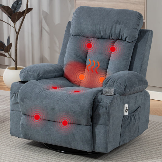 DELMANGO Swivel Rocker Recliner Chair with Vibration Massage & Heat, 360 Degree Rotating Lounge Chair for Adults, Ergonomic Rocking Chair with Side Pocket & Cup Holders, Blue