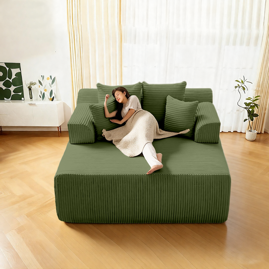 DELMANGO 58" Corduroy Chaise Lounge Chair, Oversized Boneless Sleeper Sofa with Armrests & 4 Pillows, No Assembly, for Living Room, Green