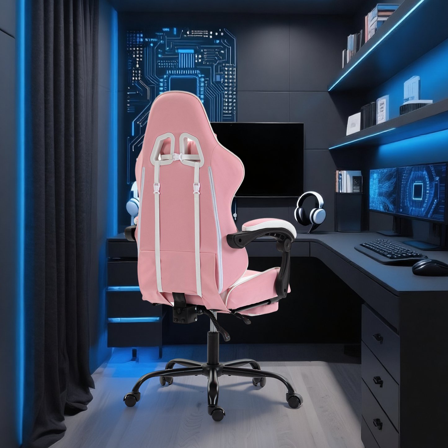 DELMANGO Ergonomic Reclining Gaming Chair with Linkage Armrests & Footrest, Racing Style Office Chair, PU Leather Computer Desk Chair, Pink