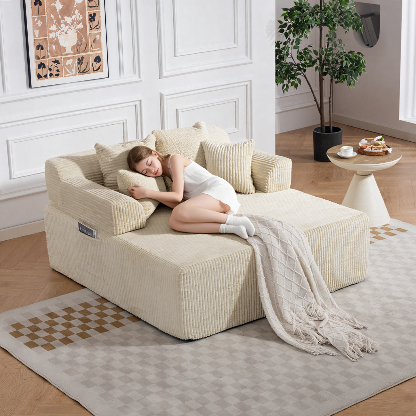 DELMANGO 58" Corduroy Chaise Lounge Chair, Oversized Boneless Sleeper Sofa with Armrests & 4 Pillows, No Assembly, for Living Room, Beige