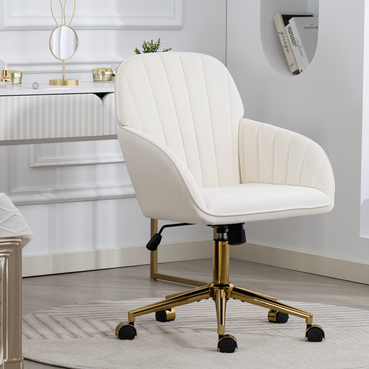 DELMANGO Velvet Adjustable Desk Chair with Gold Base & Wheels, Modern Swivel Vanity Office Chair for Home, Living Room, Bedroom & Study, Beige
