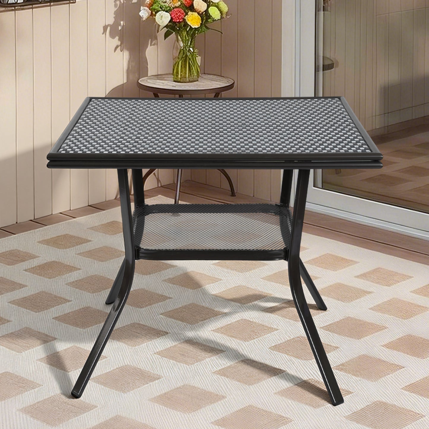 DELMANGO Square Outdoor Bistro Table with Matal Frame and Adjustable Foot Pads for Garden Balcony, Black/White