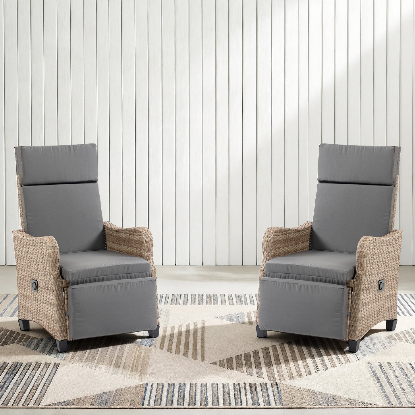 DELMANGO 2-in-1 Outdoor Recliner Chair set of 2, Gray – Rocking/Flat Footrest, 90°–135° Reclining Backrest, Rattan Wicker & Removable Cushion for Patio, Garden, Balcony, Porch