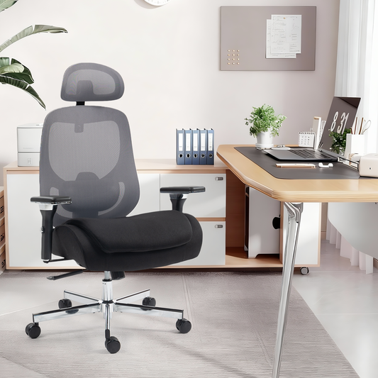 DELMANGO Ergonomic Mesh Office Chair, Comfortable Big and Tall Executive Desk Chair with 4D Adjustable Arms, 2D Lumbar Support & Headrest, Black/Grey