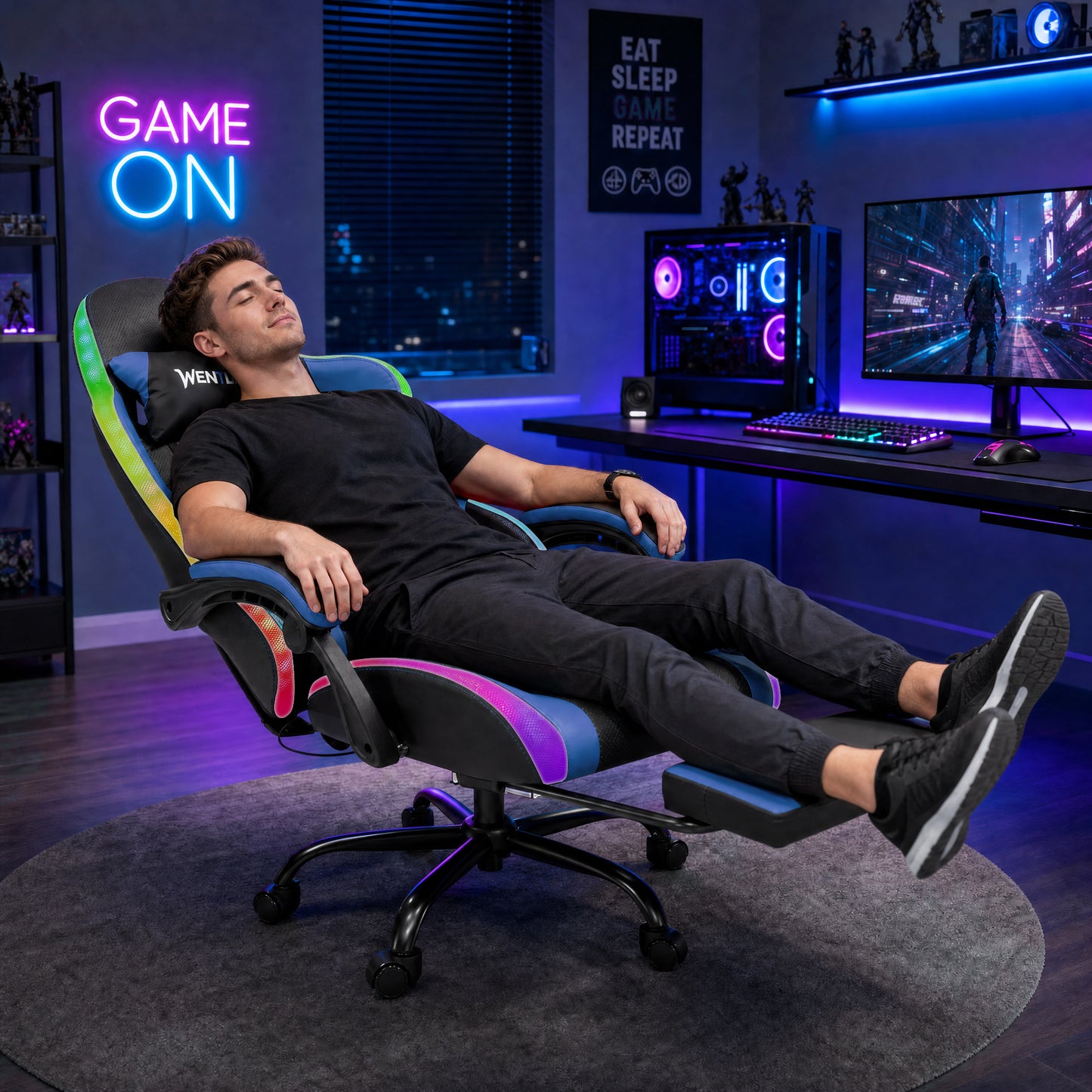 Delmango RGB Ergonomic Gaming Chair with Massage, LED Lights, Footrest, Lumbar Support, Blue