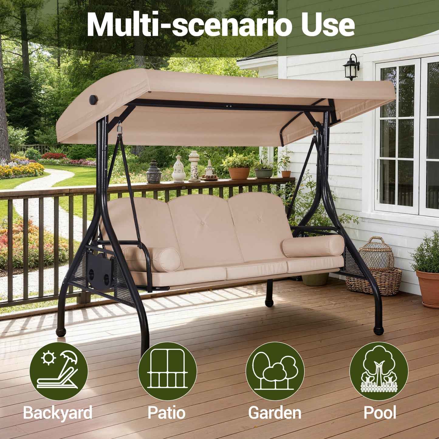 DELMANGO 3-Seat Outdoor Porch Swing with Adjustable Canopy, 2 in 1 Convertible Patio Swing Bed, Patio Glider Swing for Backyard, Beige