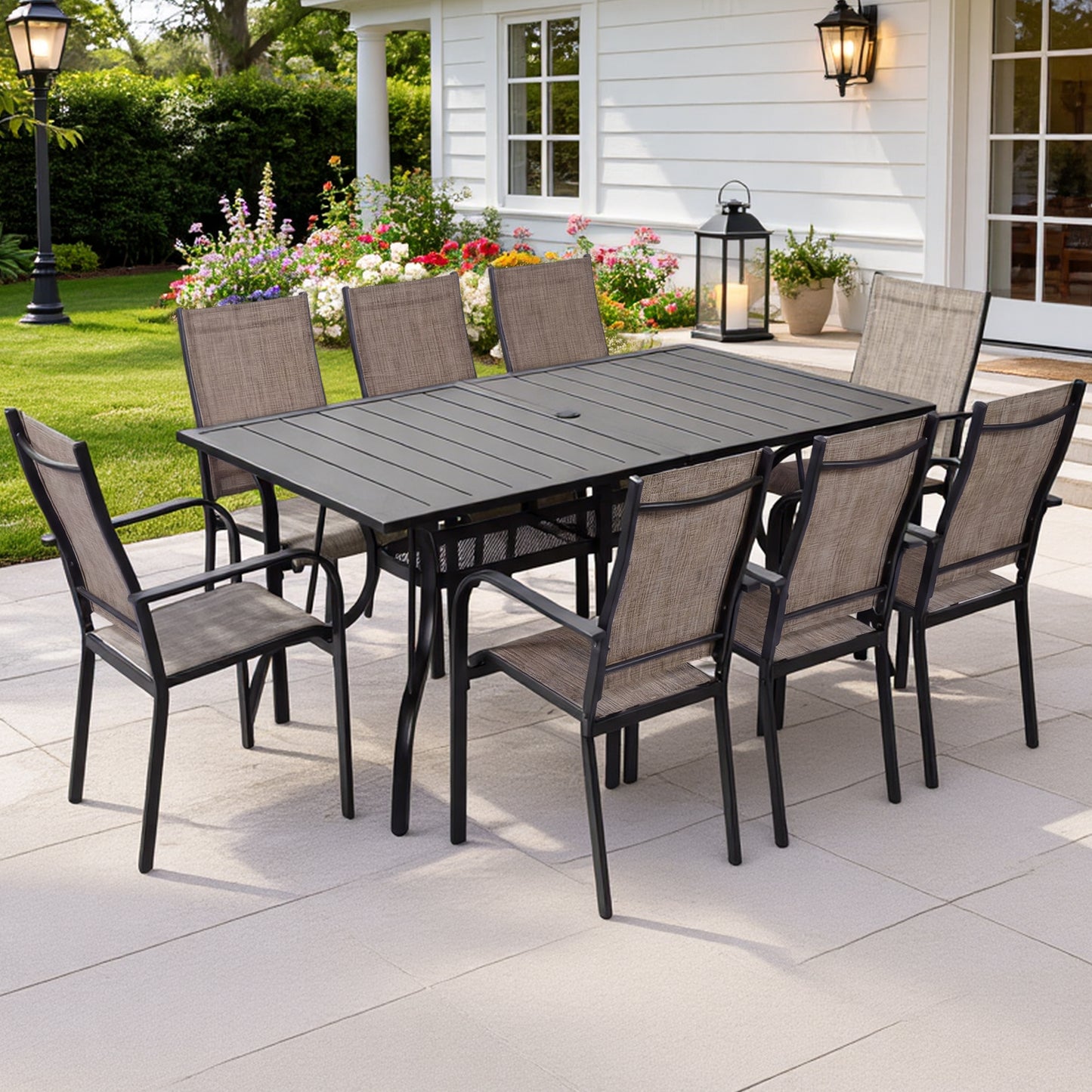 DELMANGO 63"x38" Outdoor Dining Table for 6, Metal Rectangle Patio Dining Table with Adjustable Umbrella Hole for Garden, Backyard and Porch, Black