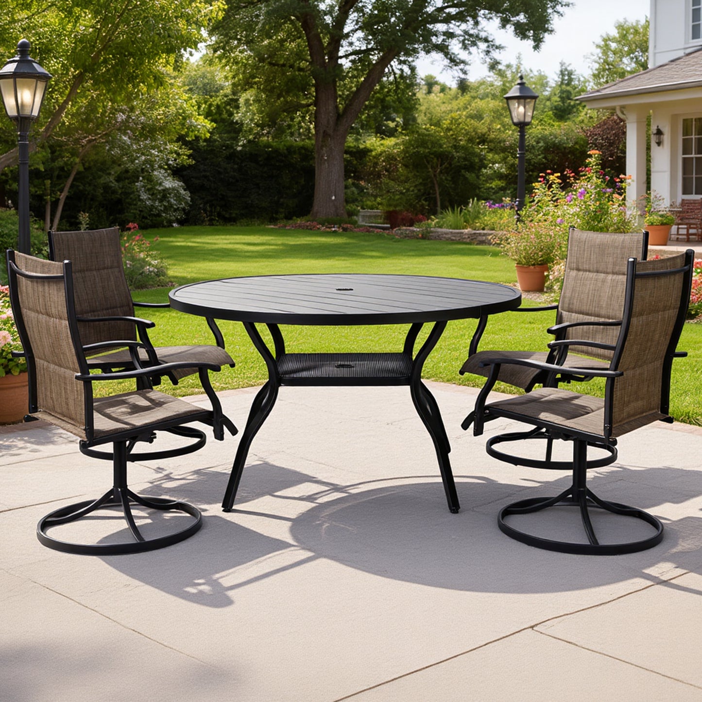 DELMANGO 55" Outdoor Dining Table for 6-8, Metal Round Patio Dining Table with Adjustable Umbrella Hole for Garden, Backyard and Porch, Black