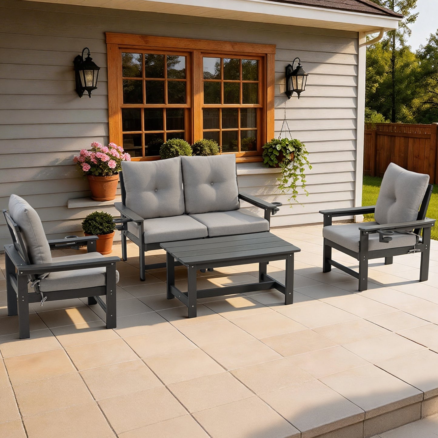 DELMANGO Patio Furniture Sets,7 Pieces Outdoor Conversation Set with Removable Washable Cushion,Wood Tepoy and Table Gray