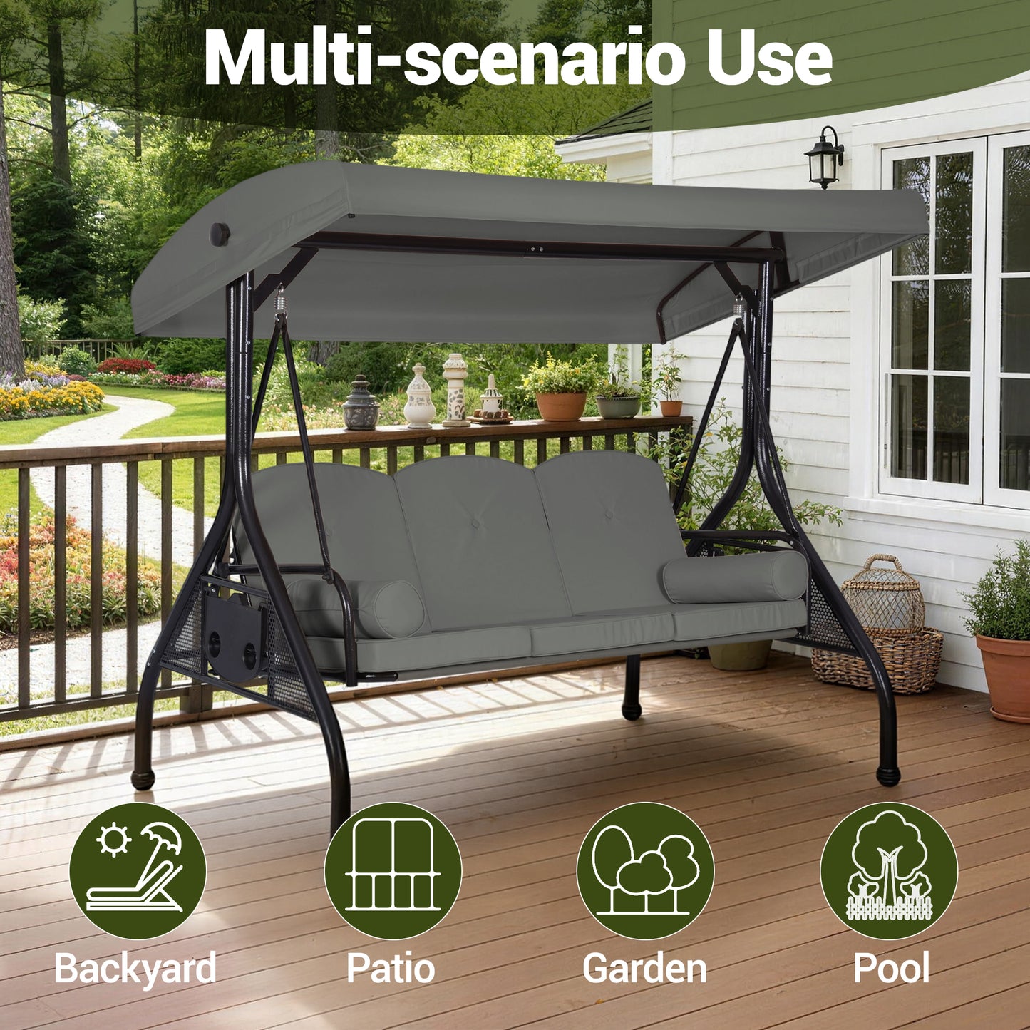 DELMANGO 3-Seat Outdoor Porch Swing with Adjustable Canopy, 2 in 1 Convertible Patio Swing Bed, Patio Glider Swing for Backyard, Gray