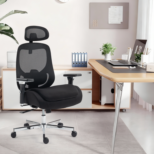 DELMANGO Ergonomic Mesh Office Chair, Comfortable Big and Tall Executive Desk Chair with 4D Adjustable Arms, 2D Lumbar Support & Headrest, Black