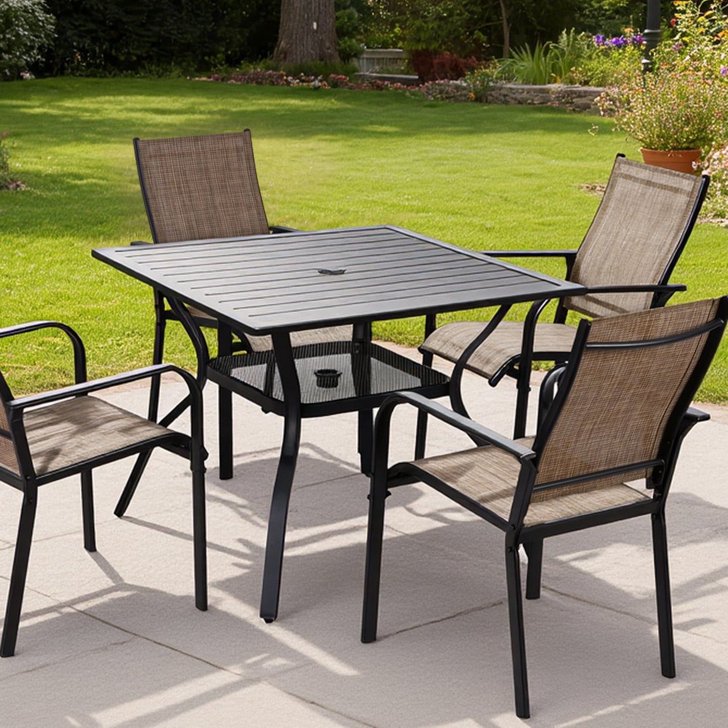 DELMANGO 37" Outdoor Dining Table for 4, Metal Square Patio Dining Table with Adjustable Umbrella Hole for Garden, Backyard and Porch, Black