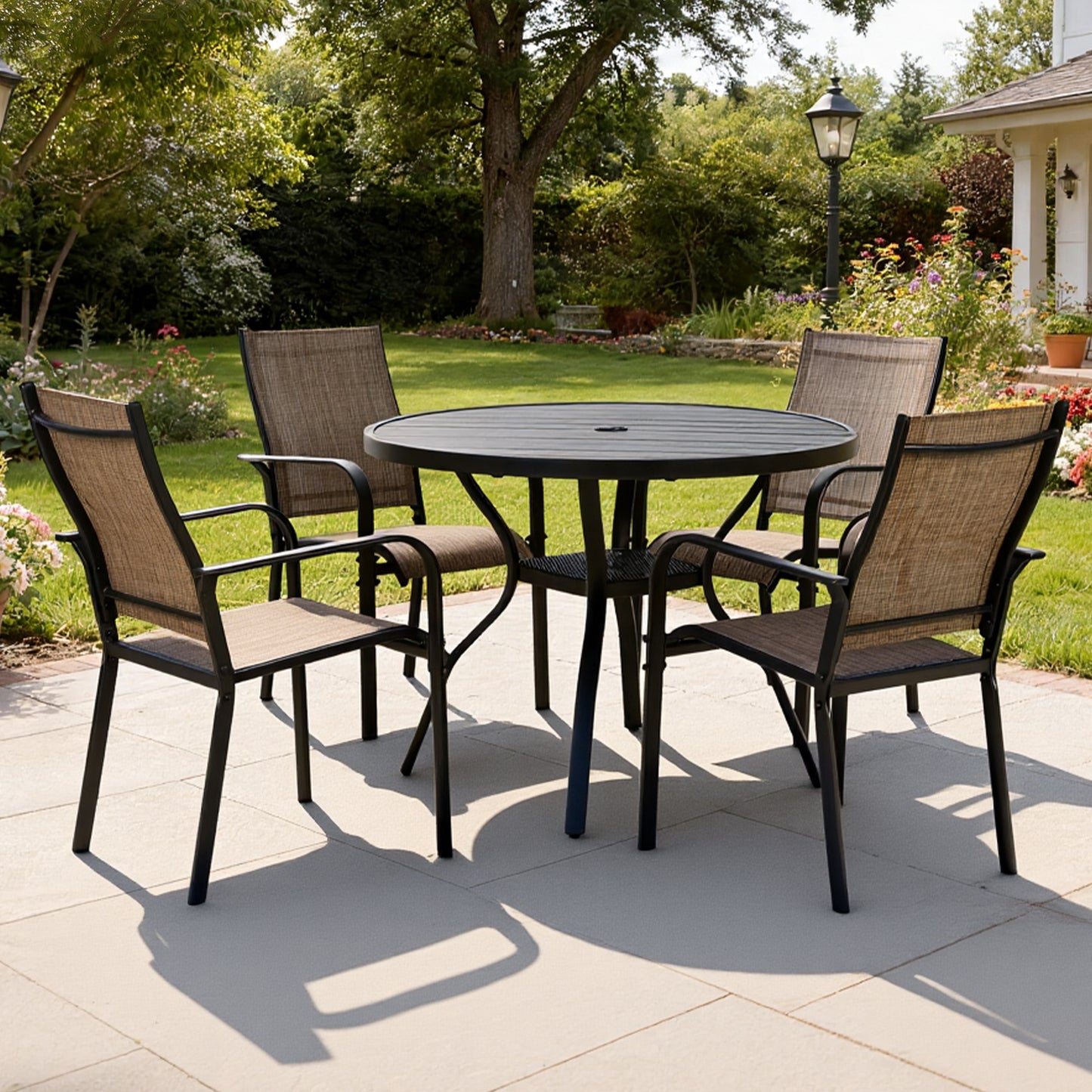 DELMANGO 41" Outdoor Dining Table for 4, Metal Round Patio Dining Table with Adjustable Umbrella Hole for Garden, Backyard and Porch, Black
