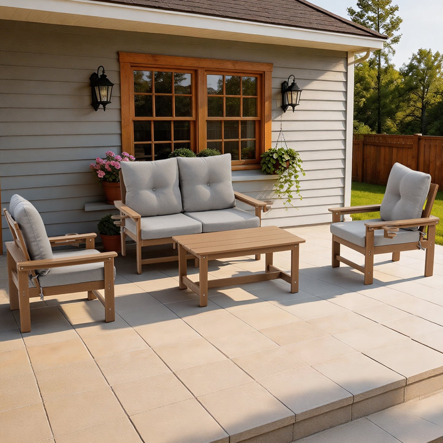 DELMANGO Patio Furniture Sets,7 Pieces Outdoor Conversation Set with Removable Washable Cushion,Wood Tepoy and Table Brown