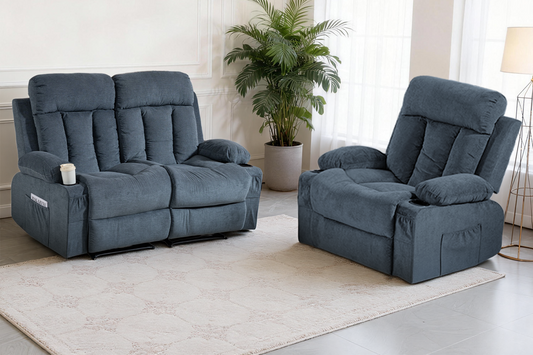 DELMANGO Manual Recliner Sofa Set for Home Theater, Office (Blue, Loveseat+Chair)
