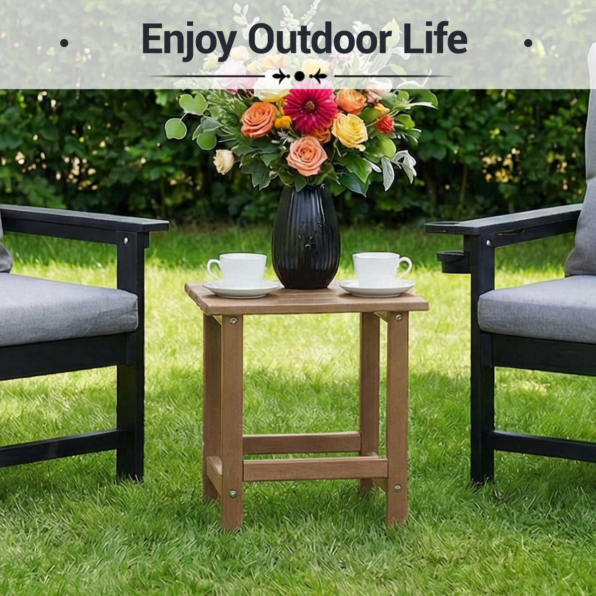 DELMANGO HDPE Outdoor Side Table - All Weather Performance Patio Side Table, Waterproof Small Outdoor End Table for Patio, Garden, Lawn, Pool, Balcony, Living Room Brown