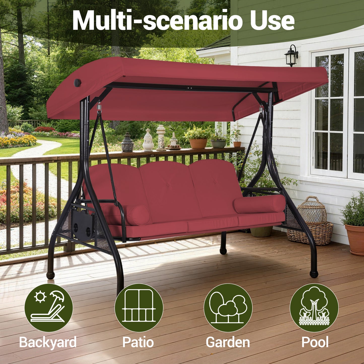 DELMANGO 3-Seat Outdoor Porch Swing with Adjustable Canopy, 2 in 1 Convertible Patio Swing Bed, Patio Glider Swing for Backyard, Red