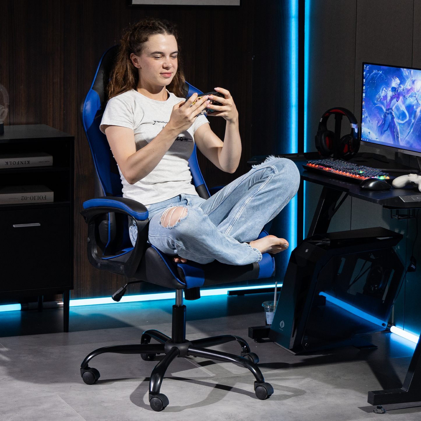 DELMANGO Ergonomic Gaming Chair, Racing Style Office Computer Desk Chair, Swivel PU Leather PC Gamer Chair, Blue