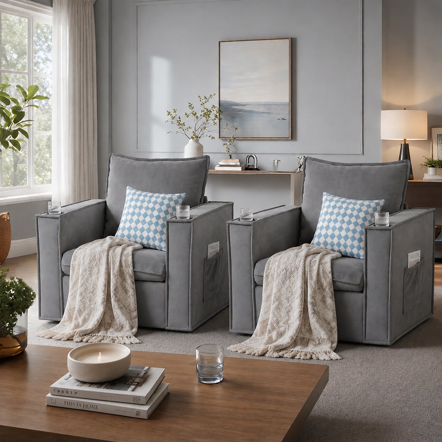 Delmango 32¡° Wide Swivel Accent Chair Set of 2, Comfy Couch with Cup Holders and Side Pockets, Modern Sofa Chair for Living Room, Bedroom, Corner, Gray