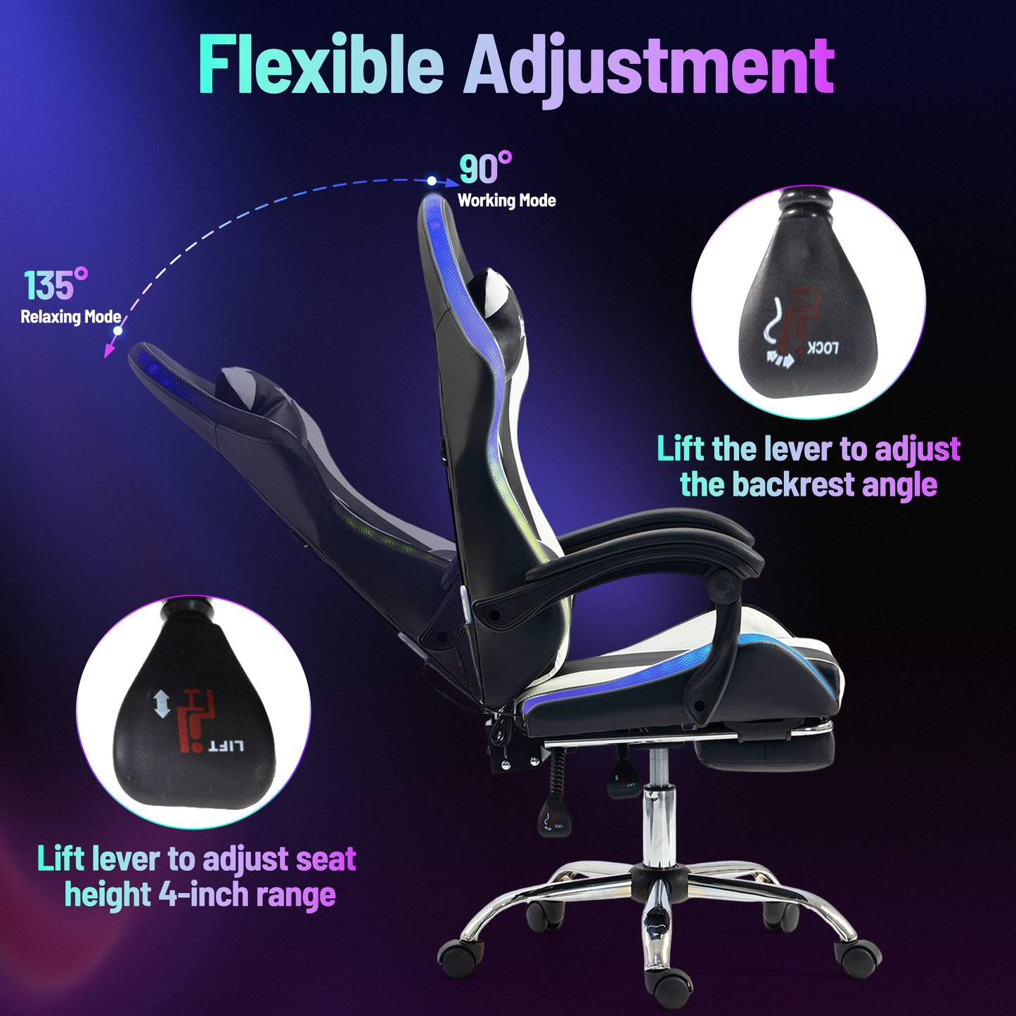 DELMANGO Gaming Chair,Racing Style RGB LED Lights Gaming Chair with Footrest and Massage Lumbar Support ,High Back Reclining Computer Chair for Adults and Kids White/Black