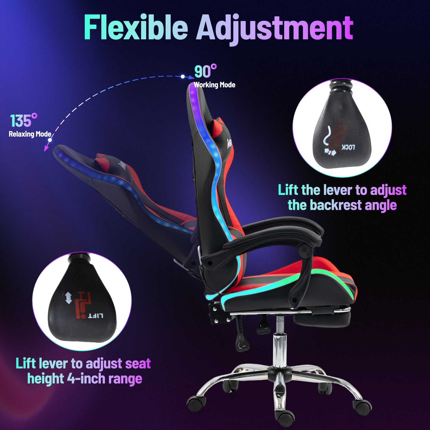 DELMANGO Gaming Chair,Racing Style RGB LED Lights Gaming Chair with Footrest and Massage Lumbar Support ,High Back Reclining Computer Chair for Adults and Kids Red/Black