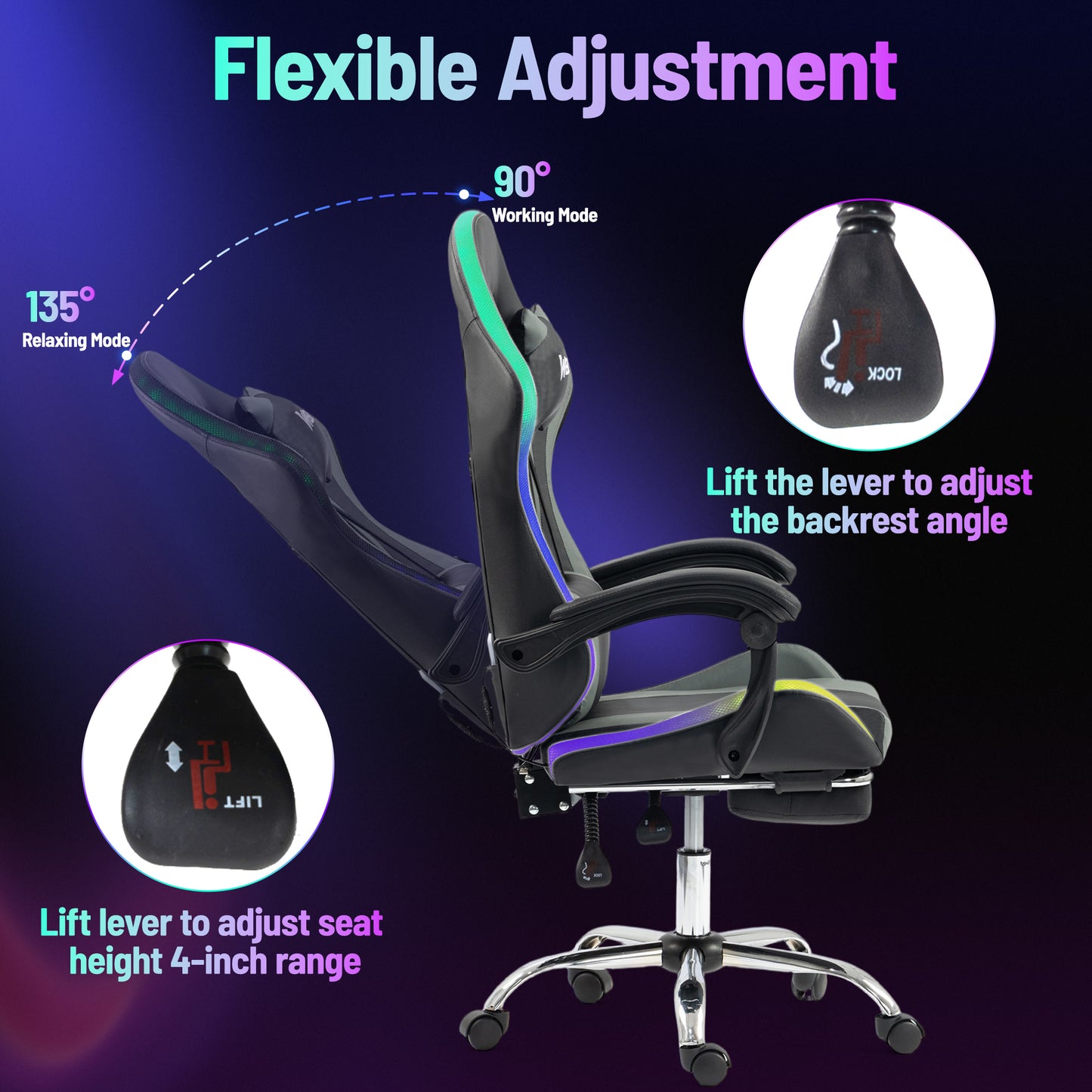 DELMANGO Gaming Chair,Racing Style RGB LED Lights Gaming Chair with Footrest and Massage Lumbar Support ,High Back Reclining Computer Chair for Adults and Kids Gray/Black