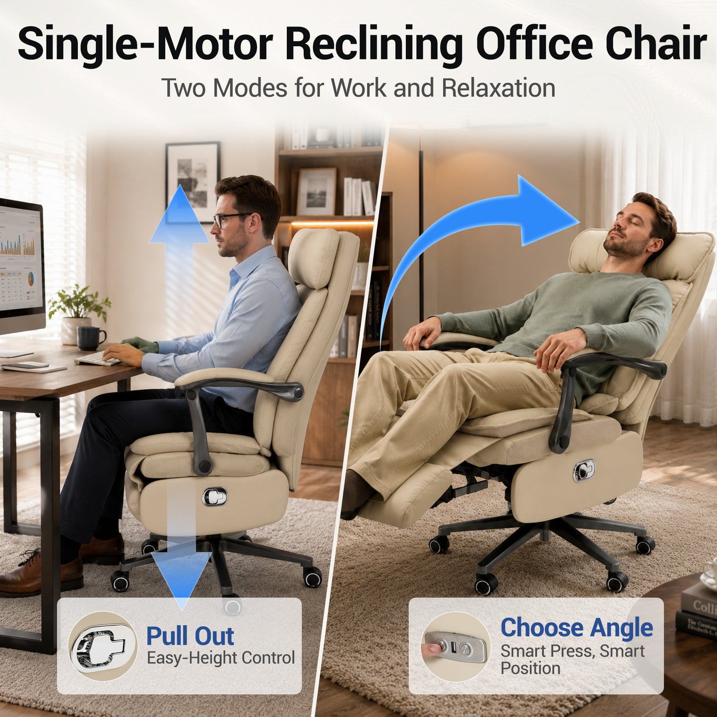 Delmango Executive Office Chair for Big & Tall, USB Charging Port, PU Leather High Back with Footrest, 420lbs Capacity, Electric Recline, Beige