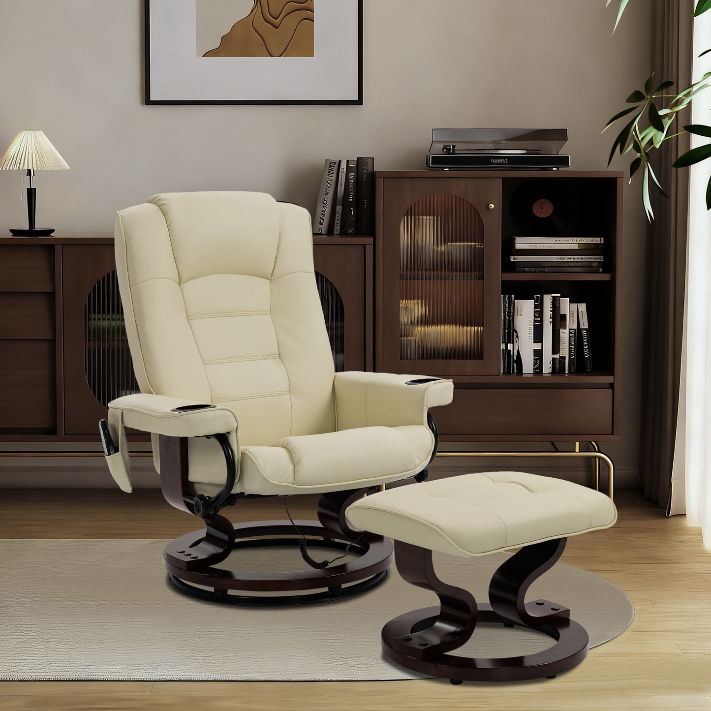 DELMANGO Swivel Massage Recliner with Ottoman, Adjustable Recline Wood Base Faux Leather Lounge Chair, Footrest Accent Chair for Living Room & Bedroom, Beige