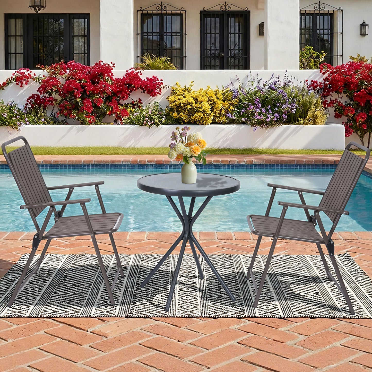DELMANGO 3 Pieces Patio Furniture Set, Bistro Table and Foldable Chairs, Waterproof Patio Furniture Folding Set, All-Weather outdoor table and chairs, Balcony Furniture for Porch, Yard, Garden, Brown