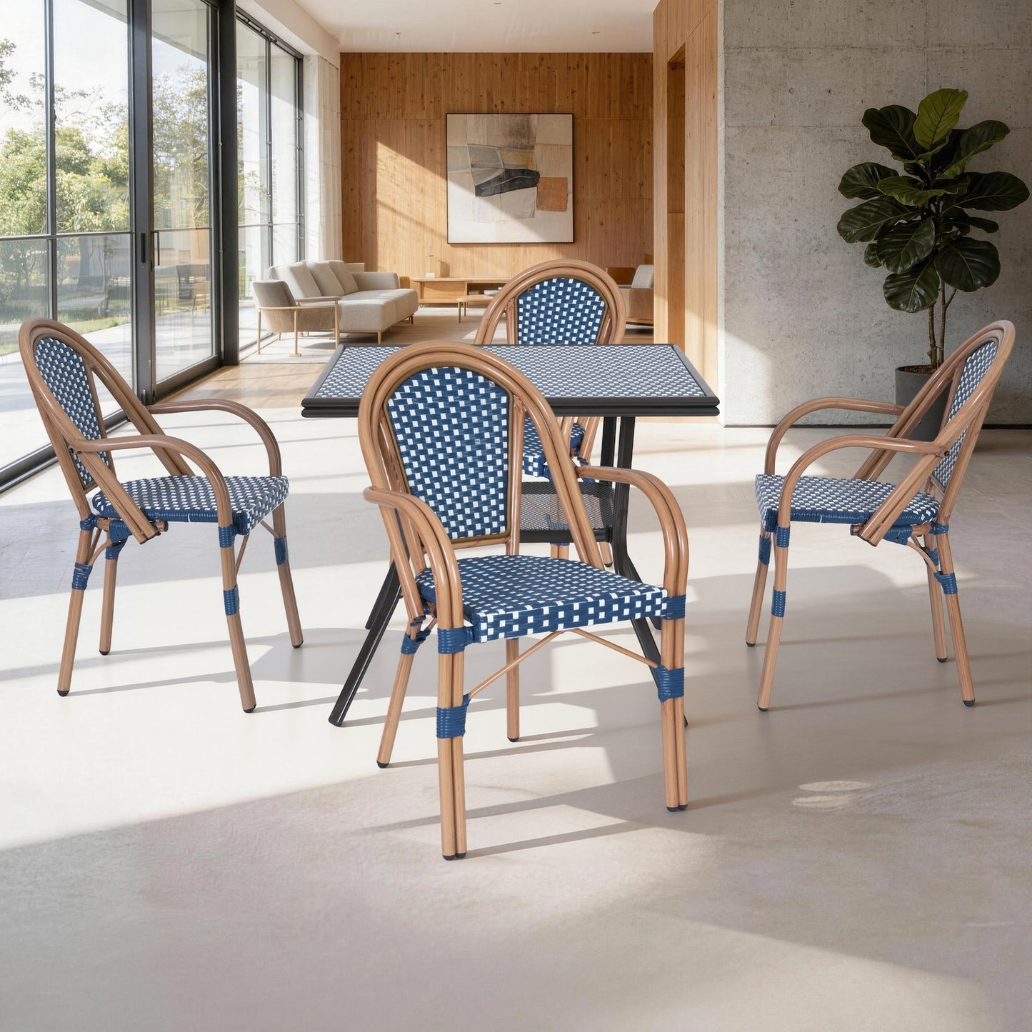 DELMANGO 5 Piece Bistro Table Chair Set, Outdoor Wicker Square Table and 4 Dining Chairs for Garden Balcony Porch, Blue/White