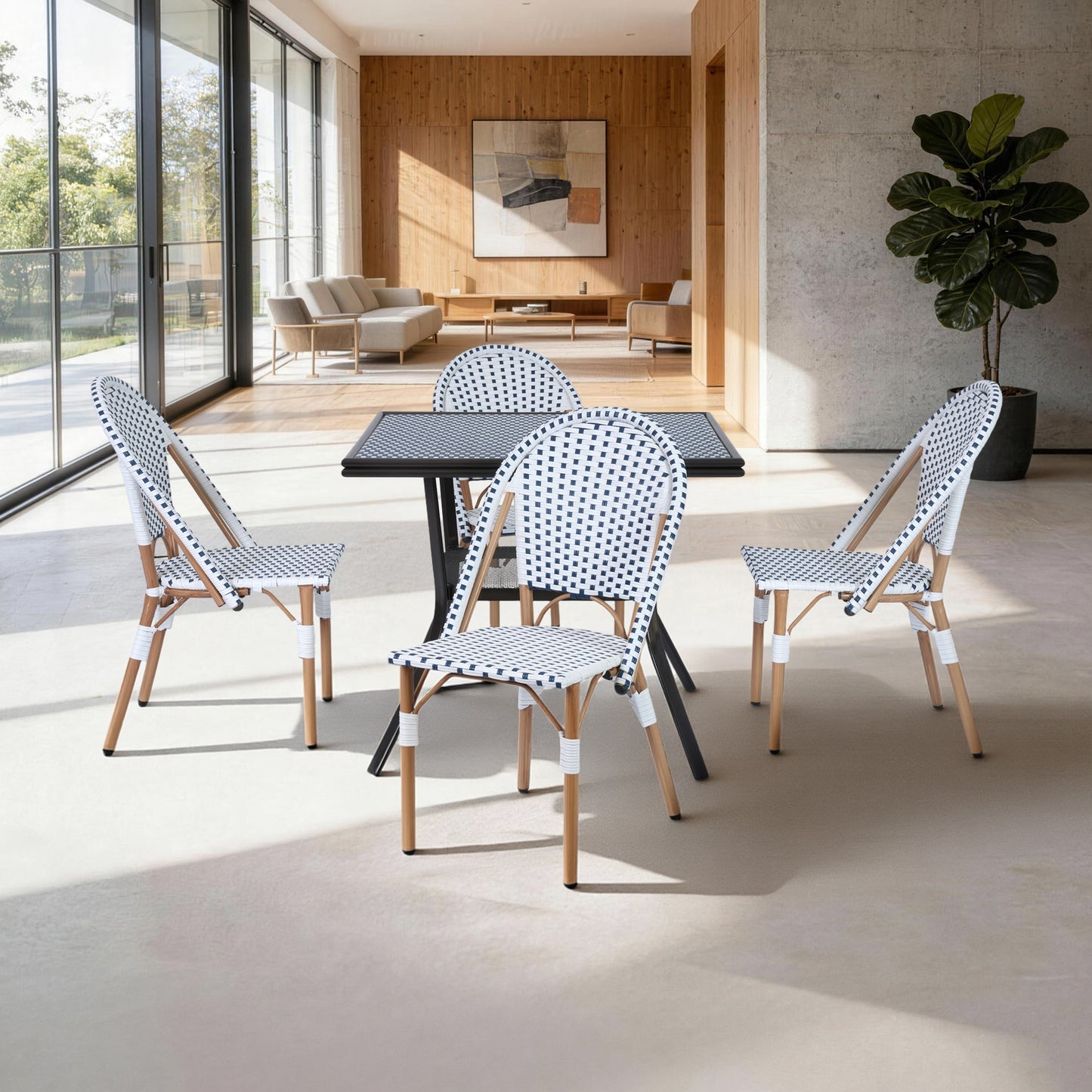 DELMANGO 5 Piece Bistro Table Chair Set, Outdoor Wicker Square Table and 4 Armless Dining Chairs for Garden Balcony Porch, Blue/White