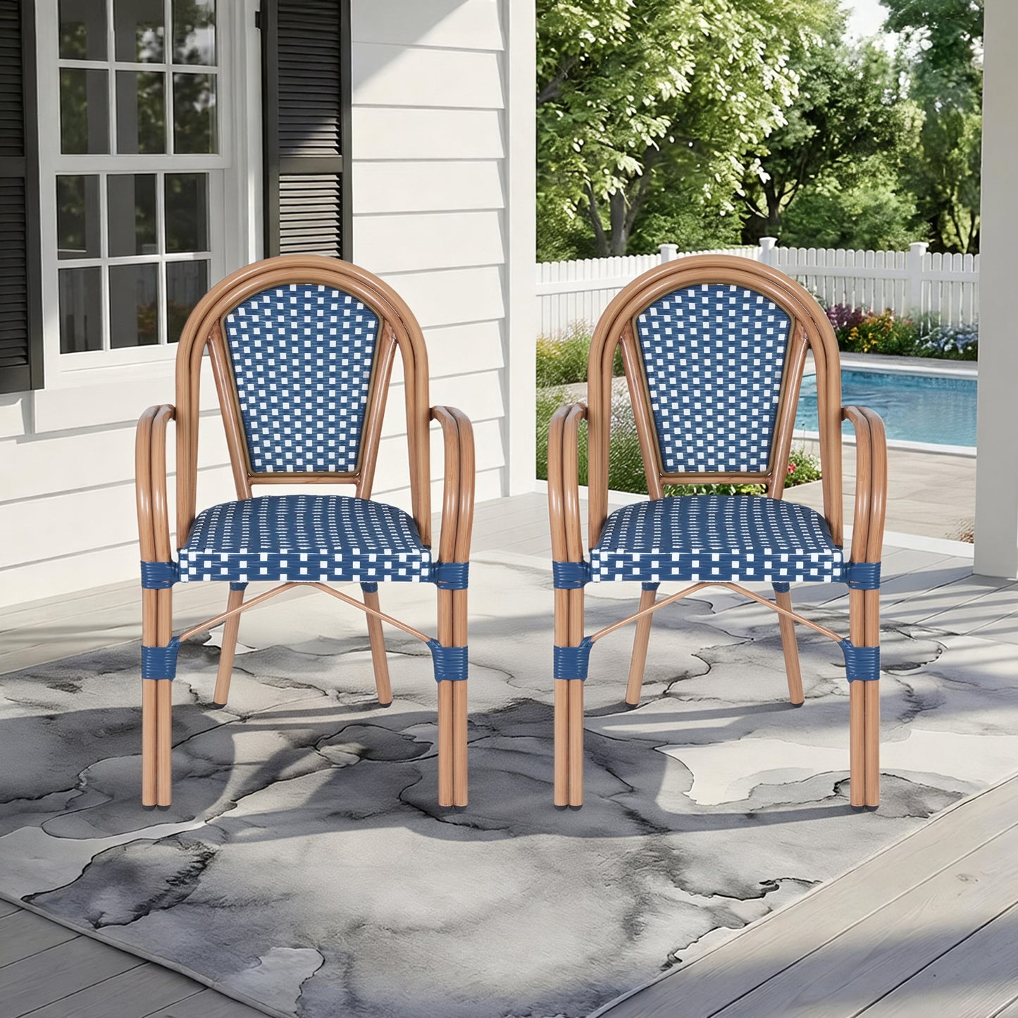 DELMANGO Metal & Faux Rattan Bistro Chair,Outdoor Arm Dining Chairs, Stackable Patio Chairs, Blue/Black (Set of 2)