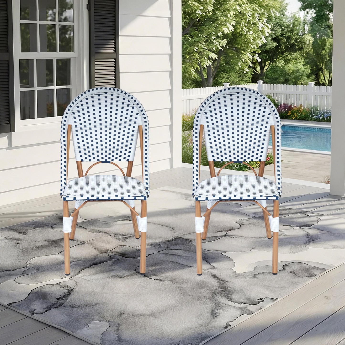 DELMANGO 2-Piece Wicker Outdoor French Bistro Chairs, Armless Dining Chairs with Metal Frame, Stackable Patio Chairs, White/Blue