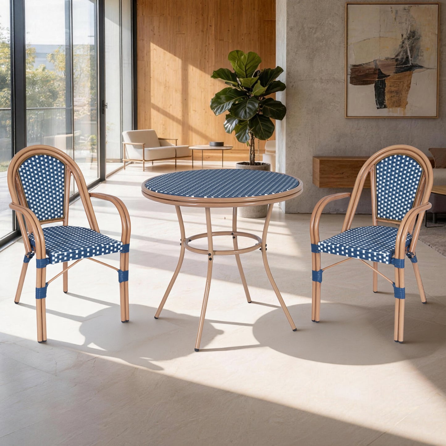 DELMANGO 3 Piece Bistro Table Chair Set, Outdoor Wicker Round Table and 2 Dining Chairs for Garden Balcony Porch, Blue/White