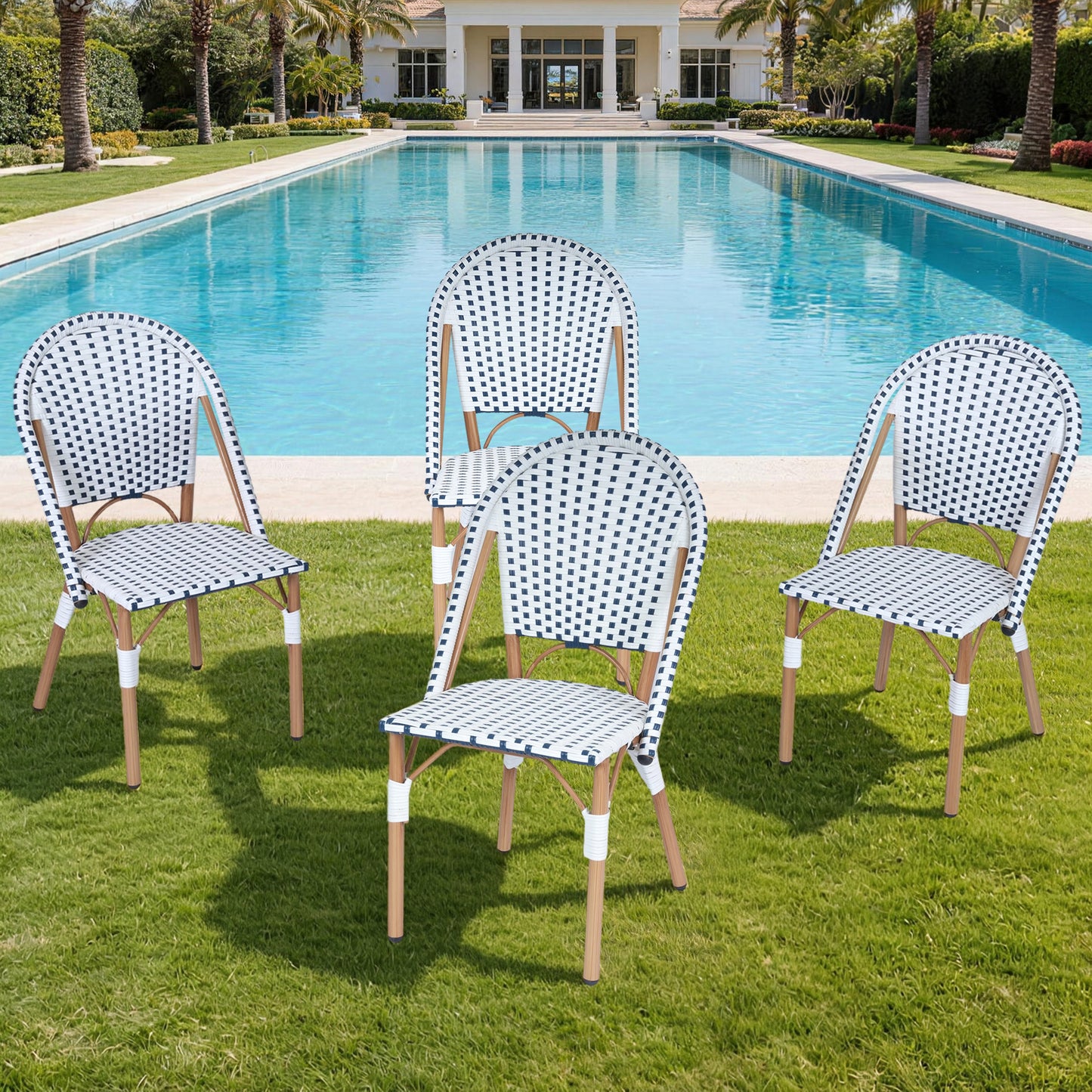 DELMANGO 4-Piece Wicker Outdoor French Bistro Chairs, Armless Dining Chairs with Metal Frame, Stackable Patio Chairs, White/Blue