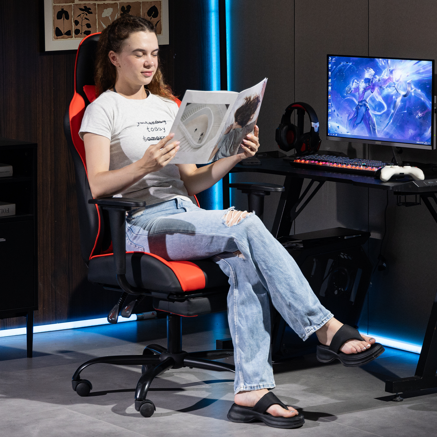 DELMANGO Massage Gaming Chair with Recline and Footrest, Racing Style PU Leather Office Desk Chair with Head Pillow for Adults, Red