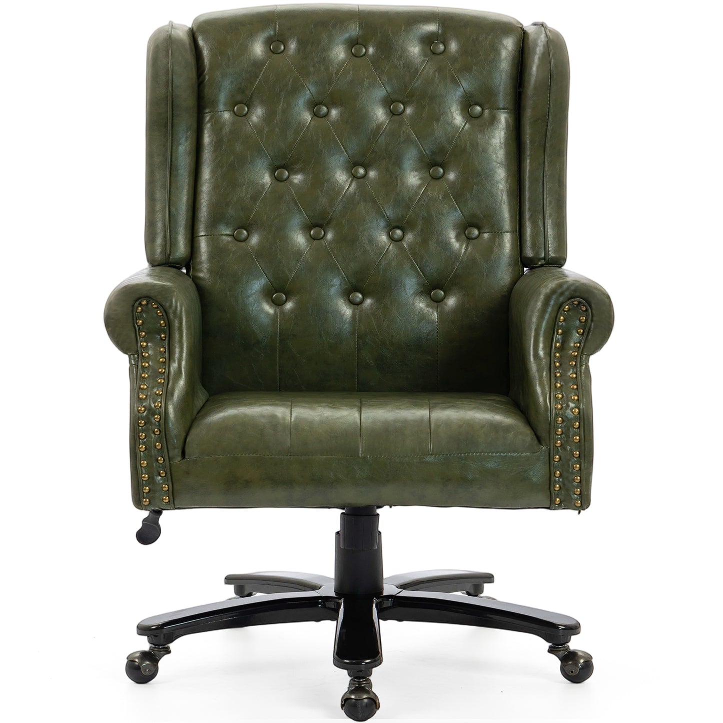Delmango Vintage PU Leather Office Chair, Wingback Executive Desk Chair with Tufted Back & Nailhead Trim, Wide Seat Rolled Armrests Swivel Task Chair, Heavy Duty 330LBS for Home Office, Green