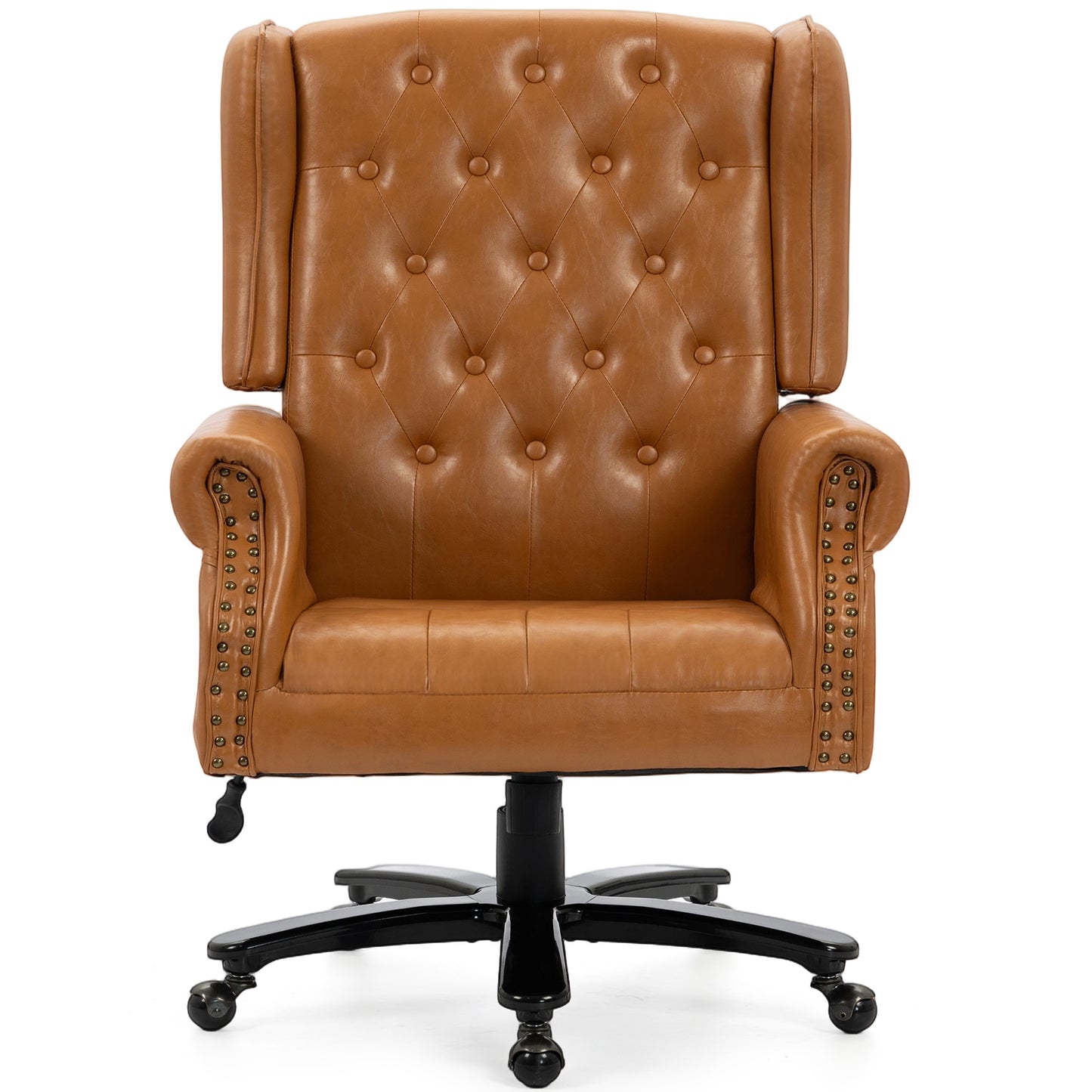 Delmango Vintage PU Leather Office Chair, Wingback Executive Desk Chair with Tufted Back & Nailhead Trim, Wide Seat Rolled Armrests Swivel Task Chair, Heavy Duty 330LBS for Home Office, Brown