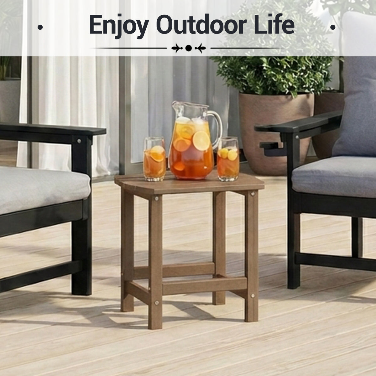 DELMANGO HDPE Outdoor Side Table - All Weather Performance Patio Side Table, Waterproof Small Outdoor End Table for Patio, Garden, Lawn, Pool, Balcony, Living Room Brown