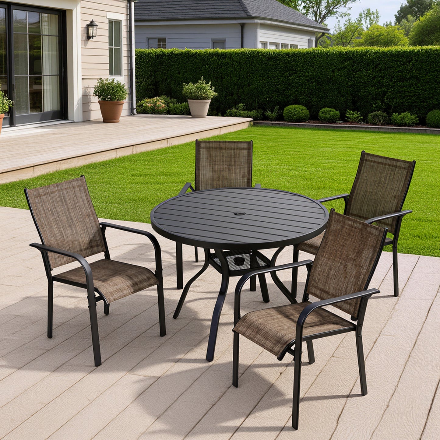 DELMANGO 41" Outdoor Dining Table for 4, Metal Round Patio Dining Table with Adjustable Umbrella Hole for Garden, Backyard and Porch, Black