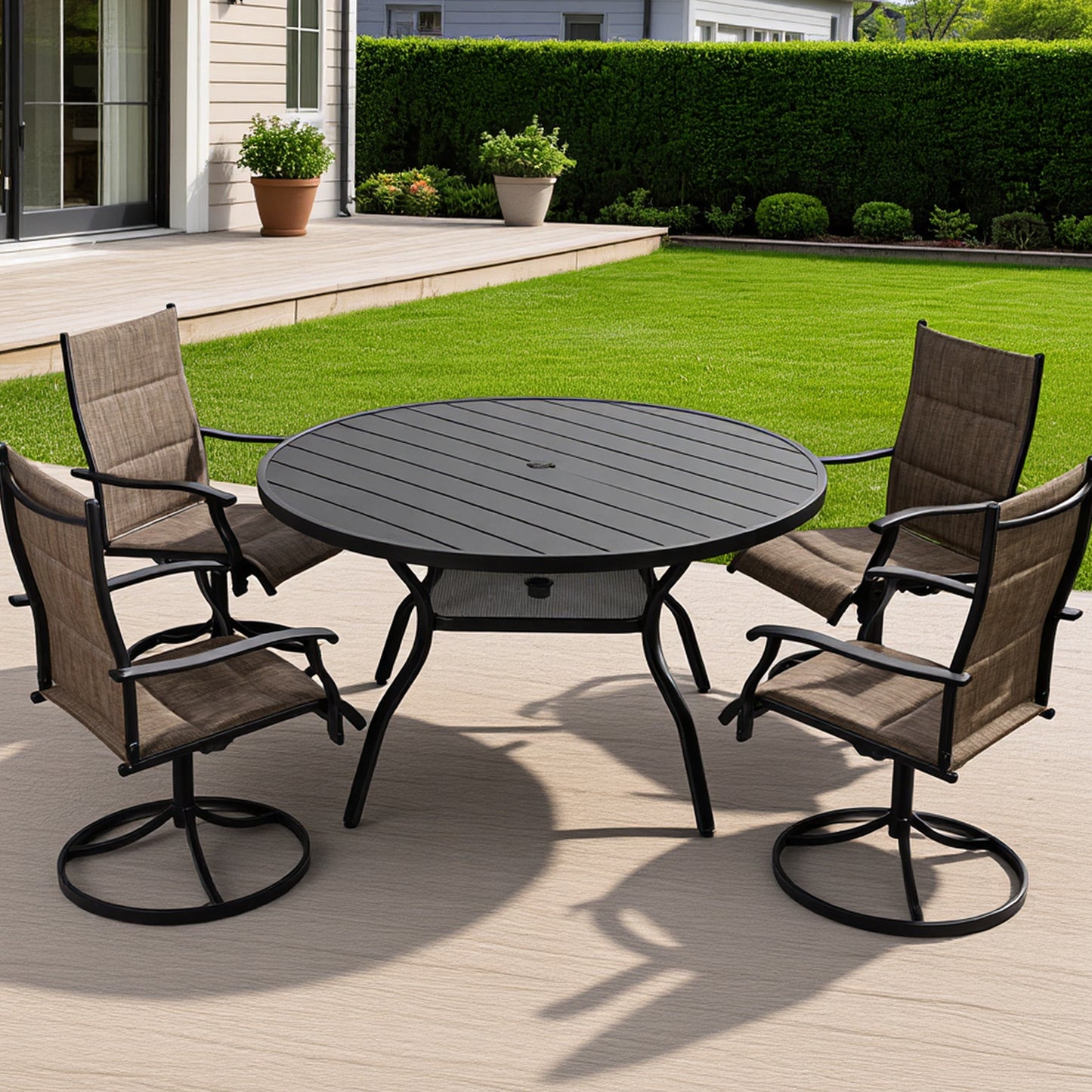 DELMANGO 55" Outdoor Dining Table for 6-8, Metal Round Patio Dining Table with Adjustable Umbrella Hole for Garden, Backyard and Porch, Black