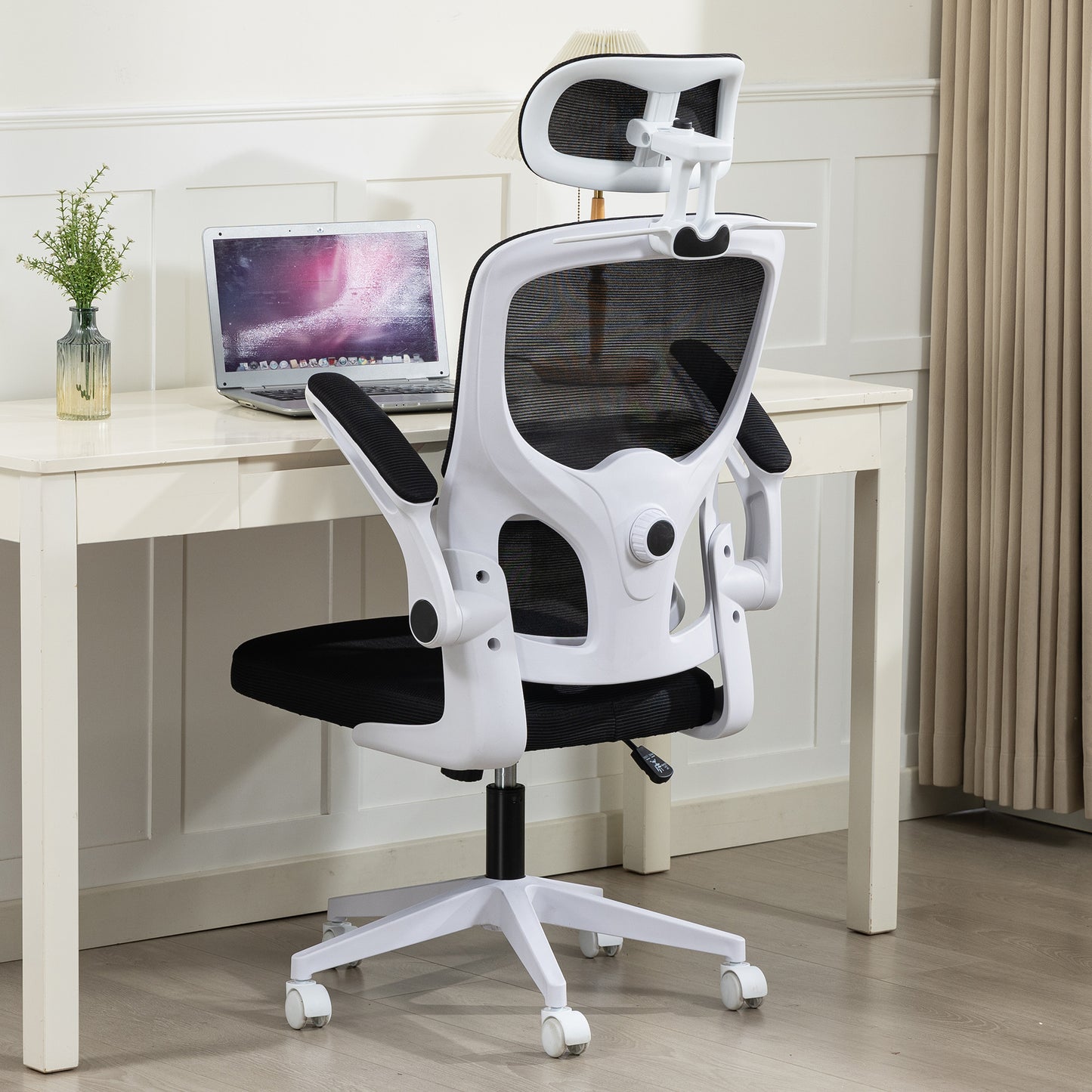 Delmango Office Chair, Ergonomic Desk Chair with Flip-up Arms, Coat Hook, Adjustable Headrest and Lumber Support, Mesh Computer Chair, 330 LBS, White