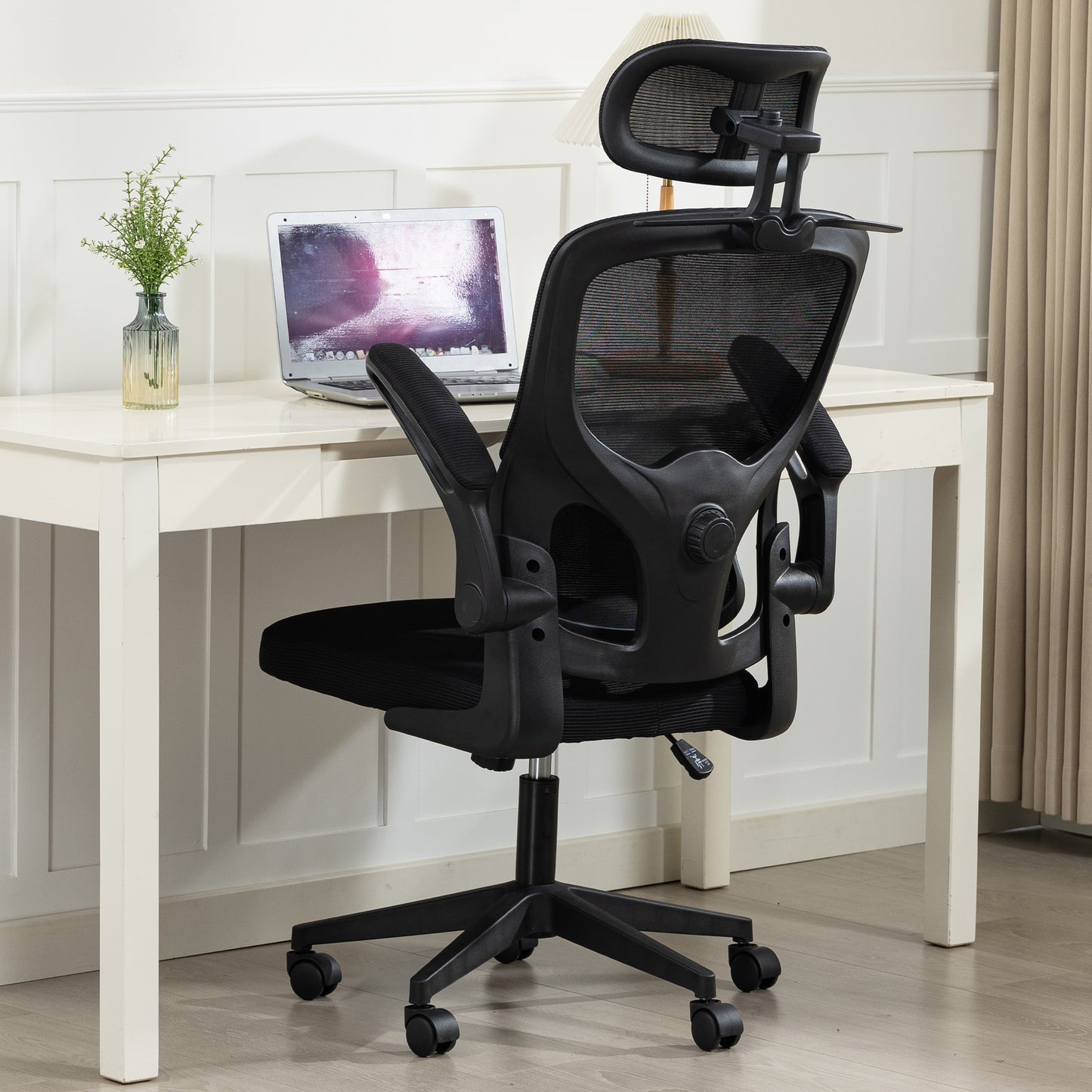 Delmango Office Chair, Ergonomic Desk Chair with Flip-up Arms, Coat Hook, Adjustable Headrest and Lumber Support, Mesh Computer Chair, 330 LBS, Black