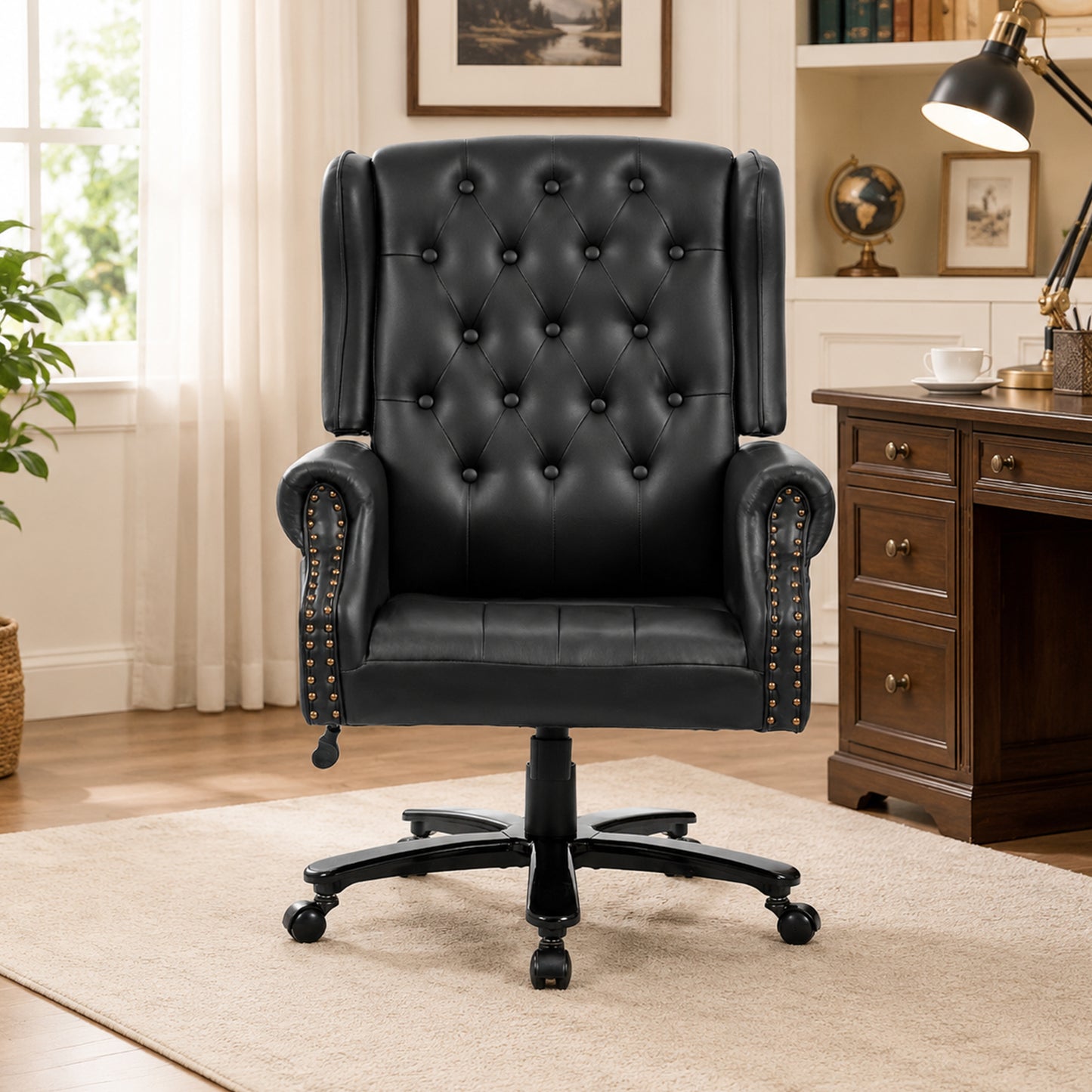Delmango Vintage PU Leather Office Chair, Wingback Executive Desk Chair with Tufted Back & Nailhead Trim, Wide Seat Rolled Armrests Swivel Task Chair, Heavy Duty 330LBS for Home Office, Black