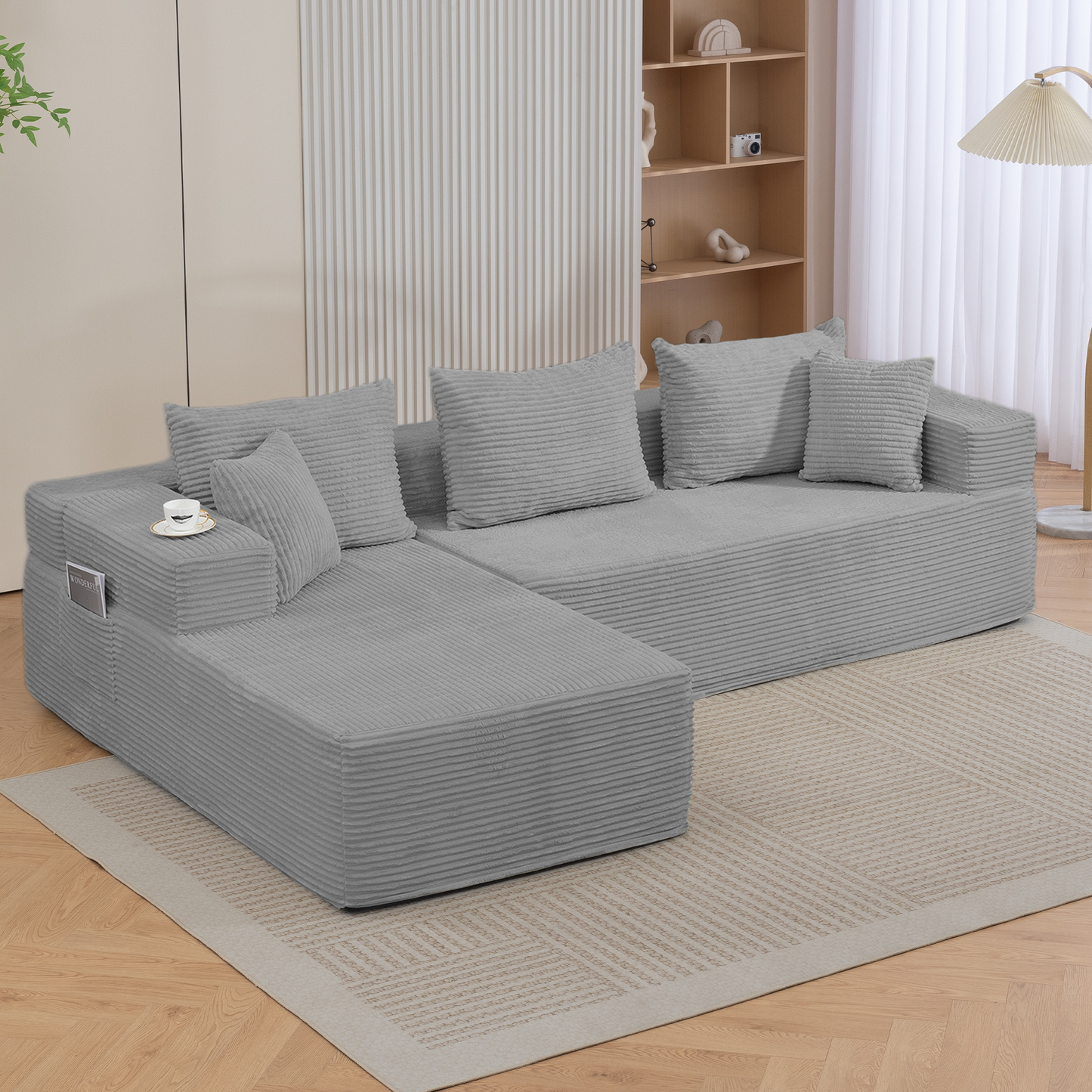 DELMANGO Modular Sectional Sofa with L-Shape Chaise, Corduroy Boneless Couch Set for Living Room, No Assembly Required, Grey